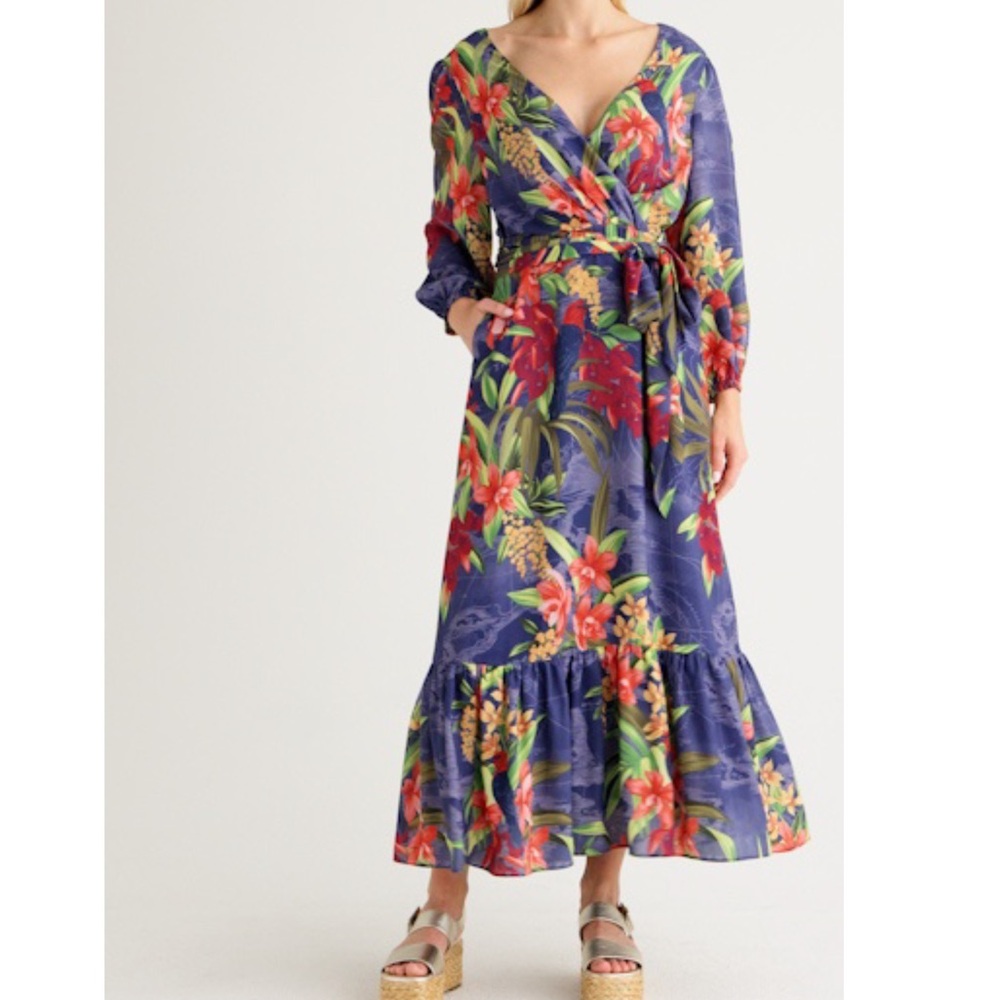 Tommy Bahama Villa Views Floral Maxi Dress Size 10 Women Pocket Long Sleeve